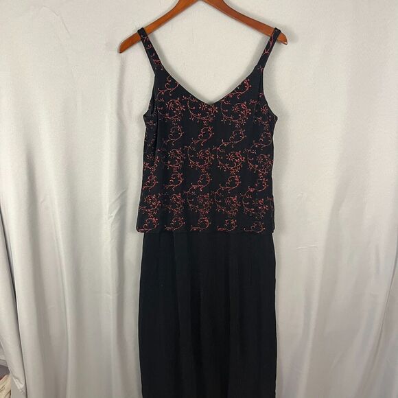VTG Alex Evenings Maxi Gown Women's 10 Black Red Floral Glitter Sparkles V-Neck - Picture 2 of 12
